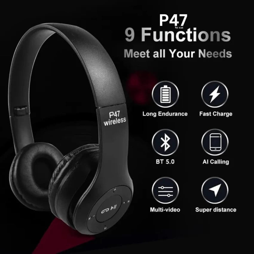 icall P47 Wireless Bluetooth Headphones Over Ear with Mic (Red)