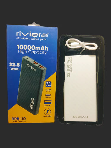 Riviera RPB-07 Newly Launched 10000mAh PD22.5W Power Bank with 3.0AMP, Input- (Micro USB + Type C), Output- (Type C + USB A), Proudly Made in India, Universal Compatibility, LED Display(Black)