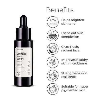 Brillare 10% Vitamin C Serum, Bright & Glowing Skin with Probiotics & Aloe Vera, Reduces Dull Skin Tone & Dark Spots, 100% Natural Face Serum, 30ml