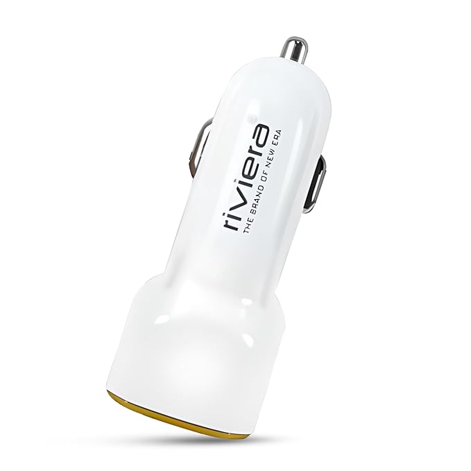 Riviera Drive Dual Port Rapid Car Charger| USB Car Charger with Led Light Fast Charging 5V/2.4Amp, Micro USB Cable Included| Color-White with 6 MONTH WARRANTY