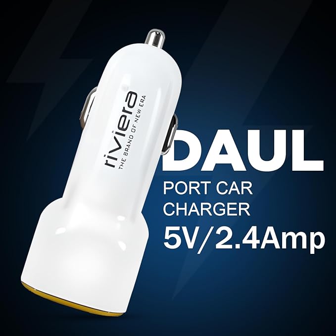 Riviera Drive Dual Port Rapid Car Charger| USB Car Charger with Led Light Fast Charging 5V/2.4Amp, Micro USB Cable Included| Color-White with 6 MONTH WARRANTY