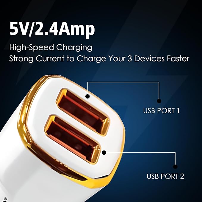 Riviera Drive Dual Port Rapid Car Charger| USB Car Charger with Led Light Fast Charging 5V/2.4Amp, Micro USB Cable Included| Color-White with 6 MONTH WARRANTY