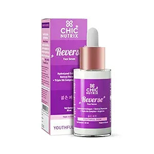 Chicnutrix Reverse – Anti Aging Serum with Hydrolyzed Marine Collagen Peptides, Retinyl Palmitate, Triple HA Complex & Arginine for Youthful & Radiant Skin | Made in Korea for Indian Skin | Suitable for All Skin Types, 30ml