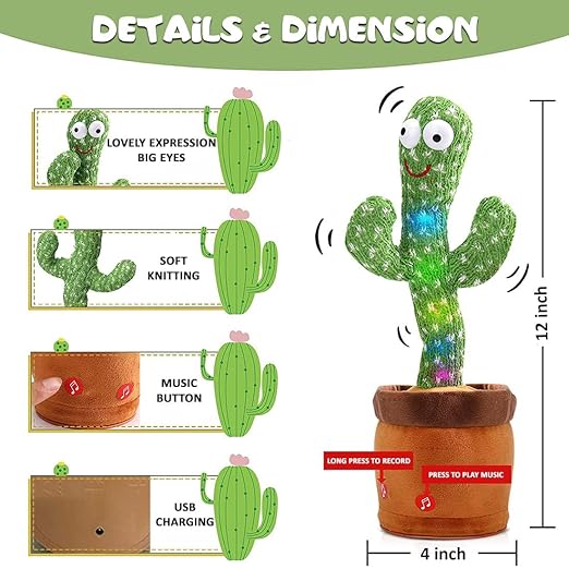 SUPER TOY Dancing Cactus Talking Plush Toy with Singing & Recording Function Rechargeable - Repeat What You Say Electronic Light Up Interactive Toy for Toddler with USB Charging Cable