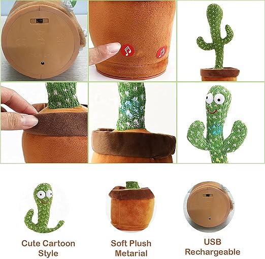 SUPER TOY Dancing Cactus Talking Plush Toy with Singing & Recording Function Rechargeable - Repeat What You Say Electronic Light Up Interactive Toy for Toddler with USB Charging Cable