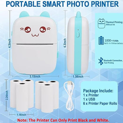 Mini Bluetooth Thermal Printer, Portable Label Printer Inkfree Printer for Android & iOS System, Black on White Thermal Printer with Roll of Print Paper, Stickers